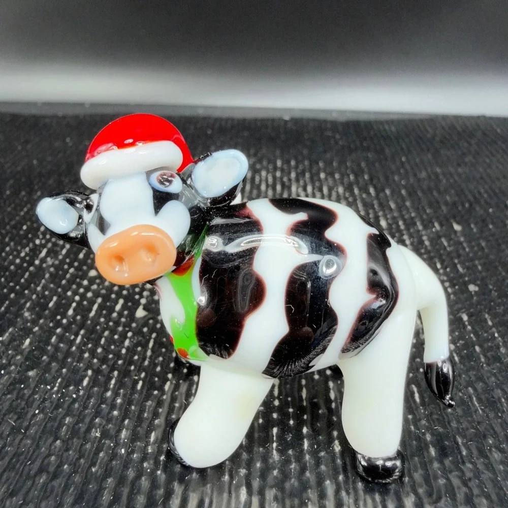 Pier 1 Glass Cow Figurine Santa Hat Christmas Holiday‎ Miniature 3 inch Figure